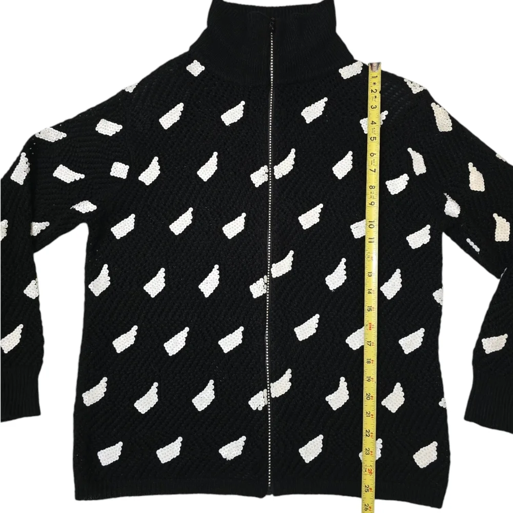 Women's Gardy Cardigan Knit Sweater Black Knit White Sequins Rhinestone Zipper L - Picture 8 of 13